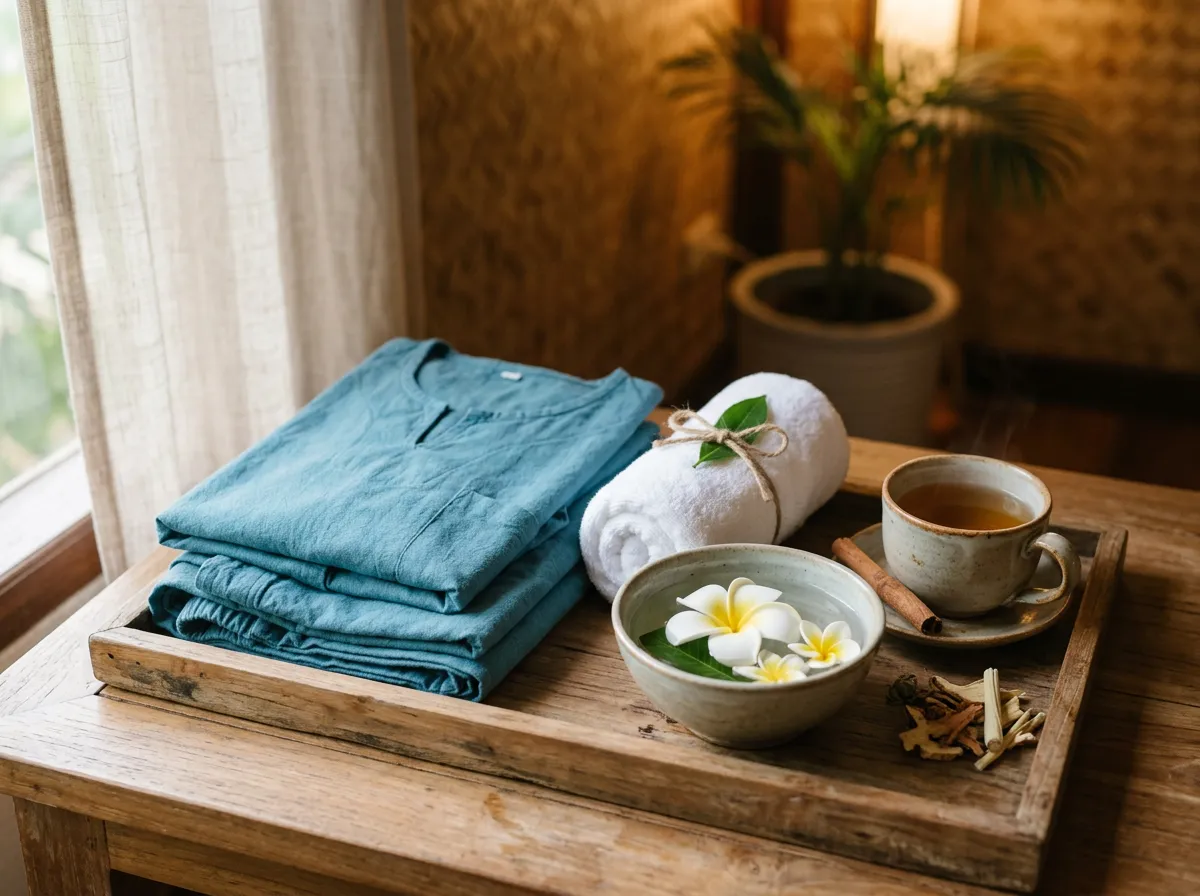 Folded loose cotton clothing, a rolled towel and a bowl with a frangipani flower on a wooden tray