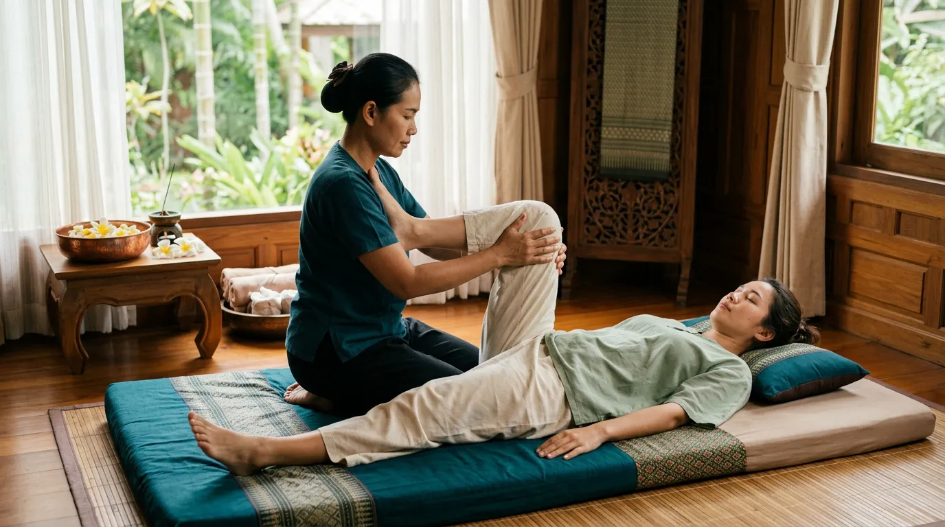 Therapist guiding a fully clothed client through an assisted leg stretch during a traditional Thai massage