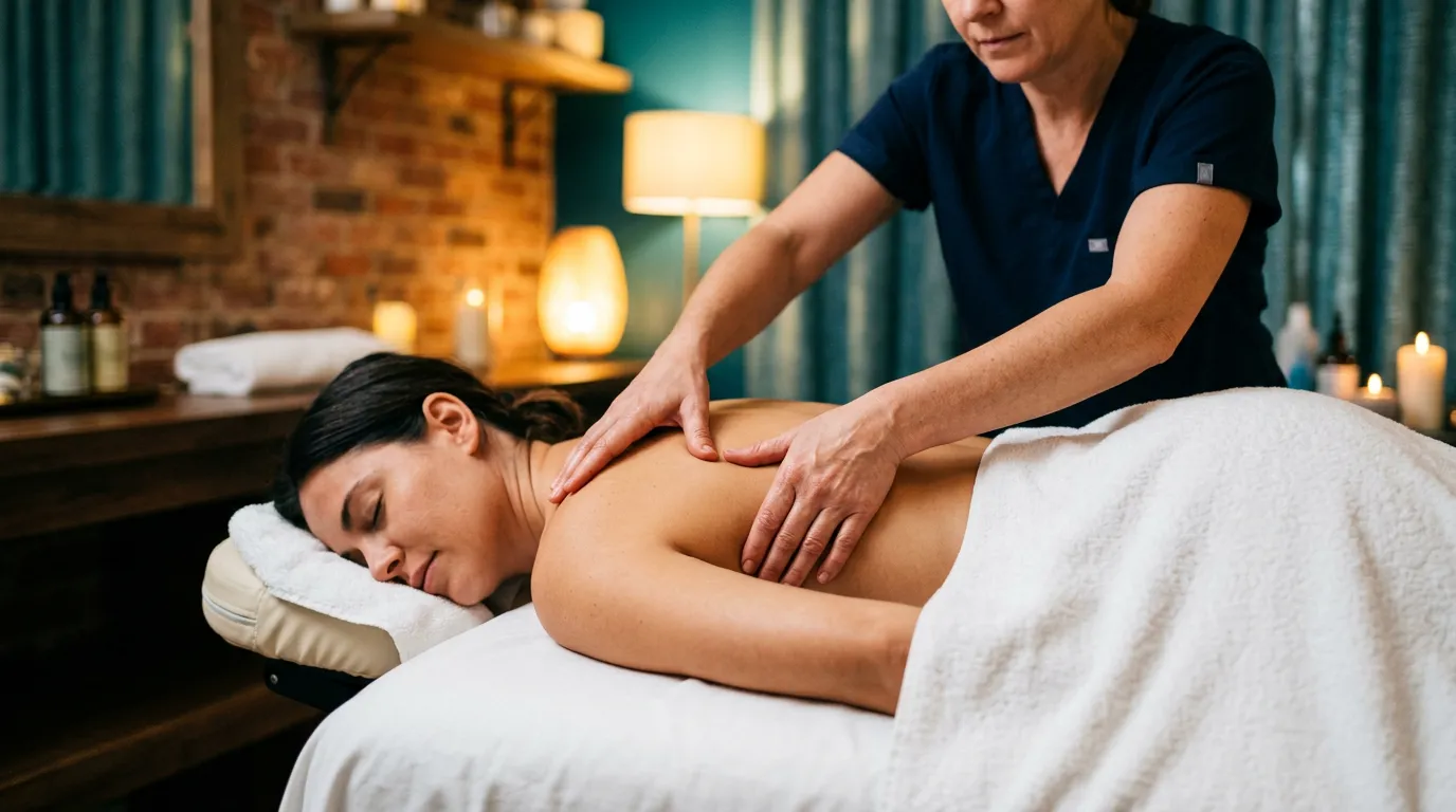 Massage therapist applying focused pressure to a client's upper back in a calm spa room